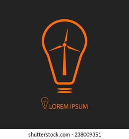 Bulb with wind turbine as logo with copyspace in grey colors. Idea of eco-friendly source of energy