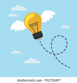 Bulb with wings flying in the sky. Lost idea concept. Vector illustration