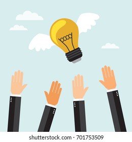 Bulb with wings flying in the sky. Lost idea concept. Vector illustration