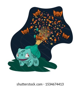 Bulbasaur selebrate halloween in flat style. My favorite cartoon in time I was a child.