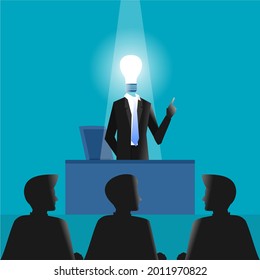 The bulb-headed businessman is explaining something to some of his colleagues