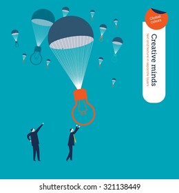 Bulbs falling in parachutes and businessmen waiting for them.
Vector illustration Eps10 file. Global colors. Text and Texture in separate layers.