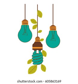 bulbs hanging with save bulb leaves icon, vector illustration