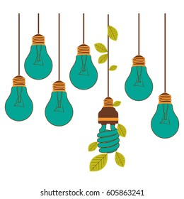bulbs hanging with save bulb leaves icon, vector illustration