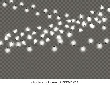 Bulbs isolated on a transparent background. Glowing garland. Festive Christmas light gold garlands. Vector.