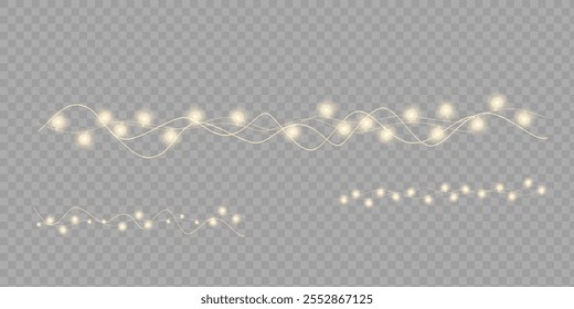 Bulbs isolated on a transparent background. Glowing garland. Festive Christmas light gold garlands. Vector