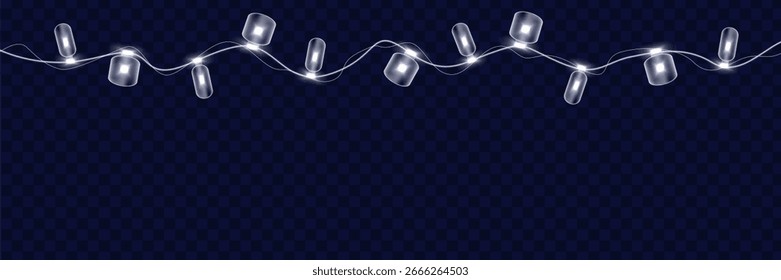 Glühbirnen einzeln auf transparentem Hintergrund. Leuchtende Girlande. Festliche weihnachtlich helle weiße Girlanden. Vektorgrafik