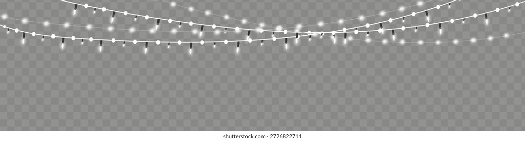 Bombillas aisladas sobre un fondo transparente. Guirnalda brillante. Navidades festivas guirnaldas blancas claras. Vector