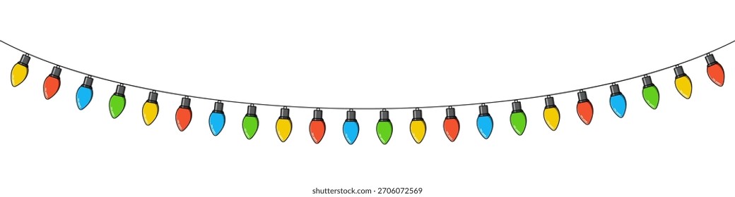 Bulbs on a string. Hanging light bulbs. Colorful light bulbs for decoration. Lights garland. Lights string decoration. Vector illustration