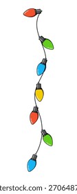 Bombillas en una cuerda. Bombillas colgantes. Bombillas de colores para la decoración. Guirnalda de luces. Luces decoración de cuerdas. Ilustración vectorial
