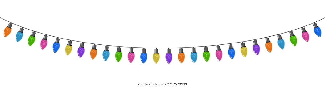 Bombillas en una cuerda. Bombillas colgantes. Bombillas de colores para la decoración. Guirnalda de luces. Luces decoración de cuerdas. Ilustración vectorial
