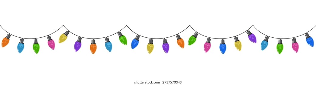 Bulbs on a string. Hanging light bulbs. Colorful light bulbs for decoration. Lights garland. Lights string decoration. Vector illustration