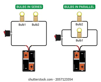 Bulben in Serie und Parallelschaltung. 2 Glühbirnen. Light Bulb, Switch und Akku. Vektorgrafik einzeln auf weißem Hintergrund.