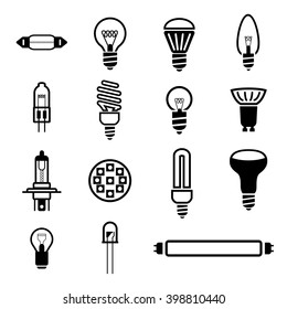 Bulbs Set Icon Contain Fifteen Simple Icons. Contain Led Bulb, Fluorescent, Car Bulb, Halogen Bulb, Diode, Compact Fluorescent Lamp,compact Bulb And Other.