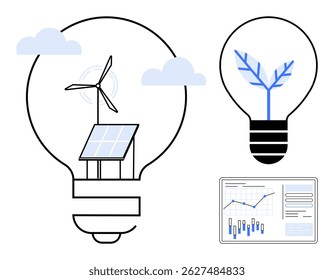 Bombillas con panel solar, turbina eólica y hoja. Ideal para la sostenibilidad, la energía renovable, la conciencia ambiental, la innovación, la tecnología limpia, las soluciones ecológicas y el análisis de datos. Línea