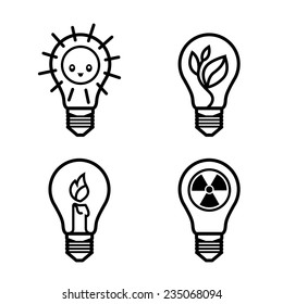 bulbs symbols of different types of renewable energy nuclear non-renewable solar -  template for design of logos and signs