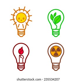 bulbs symbols of different types of renewable energy nuclear non-renewable solar -   template for the design of logos and signs