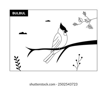 Bulbul perched on a small twig, black and white, outline, birds vector illustration.
