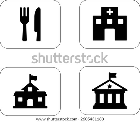 bulding icon vector illustration. it's contain restaurant, hospital, school, and goverment. with editable color background.