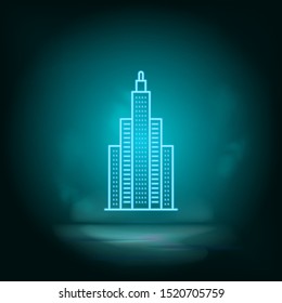 Bulding, neon blue. Blue neon, Building vector icon. Vector background.
