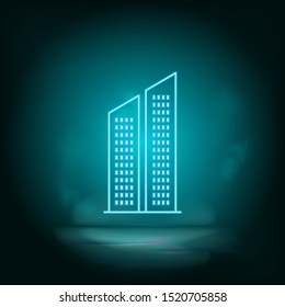 Bulding, neon blue. Blue neon, Building vector icon. Vector background.