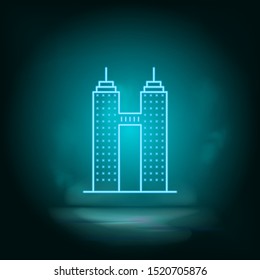 Bulding, neon blue. Blue neon, Building vector icon. Vector background.