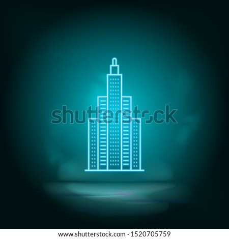 Bulding, neon blue. Blue neon, Building vector icon. Vector background.