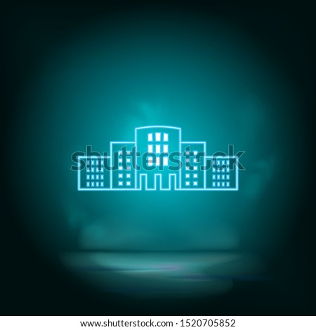 Bulding, neon blue. Blue neon, Building vector icon. Vector background.