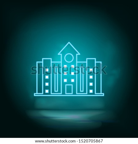 Bulding, neon blue. Blue neon, Building vector icon. Vector background.