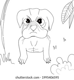 
Buldog in the yard with grass line art. dog art line coloring page black and white