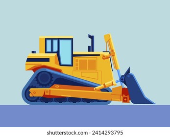 Ilustración de Buldozer. Vista lateral de la máquina de construcción. Ilustración con colores vivos de dibujos animados. Vector.