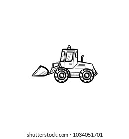 Buldozer con el símbolo del doodle dibujado a mano del respaldo en movimiento. Excavator vector sketch ilustración para impresión, web, móvil aislado en fondo blanco. El concepto de industria de la construcción y maquinaria.