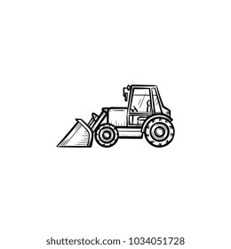 Buldozer with moving backhoe hand drawn outline doodle icon. Buldozer vector sketch illustration for print, web, mobile isolated on white background. Construction industry and machinery concept.