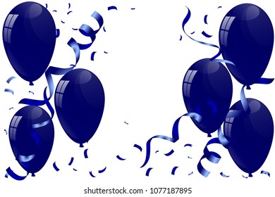 bule balloons, vector illustration. Confetti and ribbons, Celebration black background