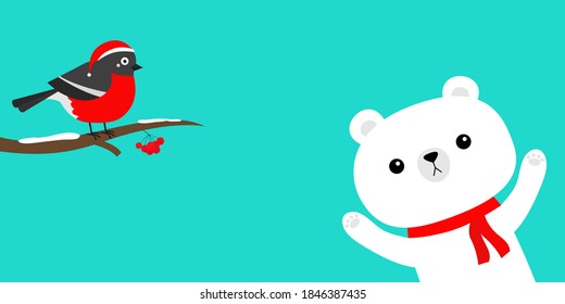 Pajarito maullido en brunch de árbol de nieve. Oso polar blanco con bufanda roja. Feliz Navidad. Feliz Año Nuevo. Hola invierno. Caricatura educada del personaje de un bebé kawaii. Animales del Ártico. Diseño plano. Fondo azul. Vector