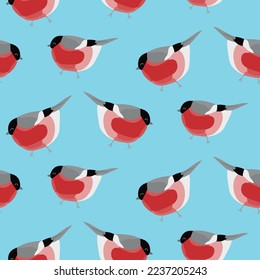bulfinch seamless vector pattern, red bird,  winter holiday design print , isolated on blue background