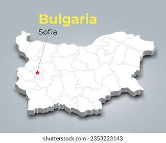 Bulgaria 3d map with borders of regions and it’s capital