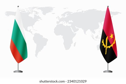 Bulgaria and Angola flags for official meeting against background of world map.