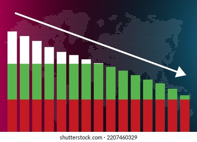 Bulgaria bar chart graph, decreasing values, crisis and downgrade concept, Bulgaria flag on bar graph, down arrow on data, news banner idea, fail and decrease, financial statistic