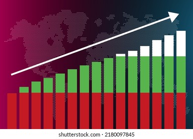 Gráfico de barras de Bulgaria, valores crecientes, concepto de estadísticas de país, bandera de Bulgaria en gráfico de barras, flecha ascendente en datos, idea de banderas de noticias