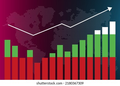Bulgaria bar chart graph with ups and downs, increasing values, Bulgaria country flag on bar graph, upward rising arrow on data, news banner idea, developing country concept