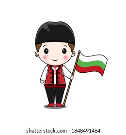 Bulgaria boy in national dress with flag. Vector illustration of chibi character isolated on white background.