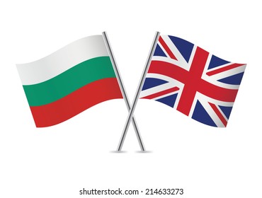 Bulgaria and Britain crossed flags. Bulgarian and British flags, isolated on white background. Vector icon set. Vector illustration.