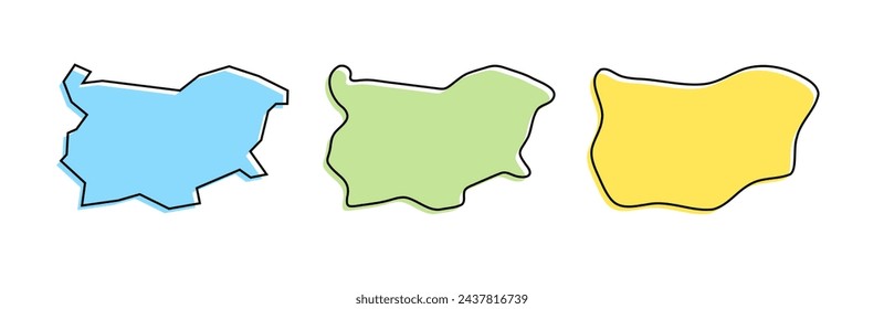 Bulgaria country black outline and colored country silhouettes in three different levels of smoothness. Simplified maps. Vector icons isolated on white background.