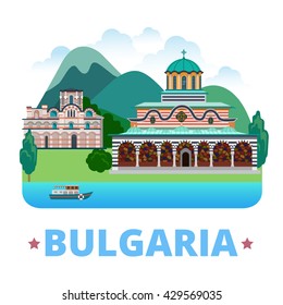 Bulgaria country design template. Flat cartoon style web site vector illustration. World vacation travel sightseeing Europe European collection. Rila Monastery, Church of Christ Pantocrator Nesebar.