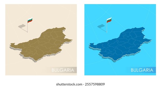 Bulgaria country flag installed on geographic positioning map point of country territory. Bulgarian commonwealth banner on land and sea. Festive patriotic HD format template for independence day