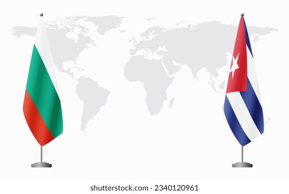 Bulgaria and Cuba flags for official meeting against background of world map.