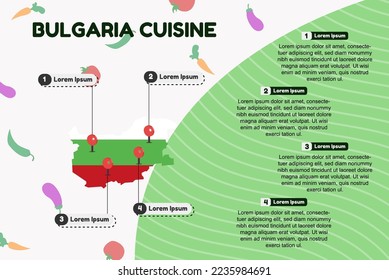 Bulgaria cuisine infographic, popular or cultural food concept, traditional Bulgaria kitchen, vector layout and template, famous food locations, banner idea with flag and map