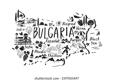 Bulgaria decorative hand drawn map with attractions, symbols and landmarks. Banner for tourist guide, souvenirs. Banner of travel, trip comic infographic poster. Flat cartoon vector illustration.