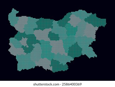 Bulgaria dotted map. Digital style map of the country on dark background. Bulgaria shape with circle dots. Colored dots style. Small size circles. Artistic vector illustration.